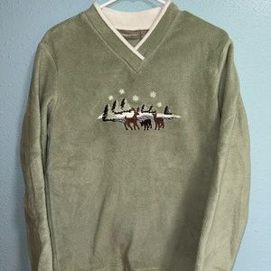 Womens Croft And Barrow Green Deer Winter V Neck Fleece Pullover